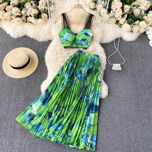 JSXDHK Boho Holiday Style Summer New 2 Piece Set Sexy Women Flower Printed Lace Strapless Tops + Beach Long Pleated Skirt Suits