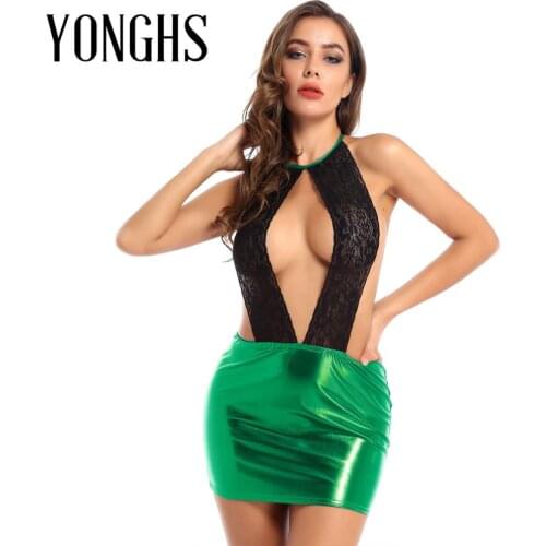 Womens Erotic Sexy Lace Dress for Sex Metallic Patent Leather Lace-up Halter Neck Bodycon Lingerie Skirt for Stage Performance