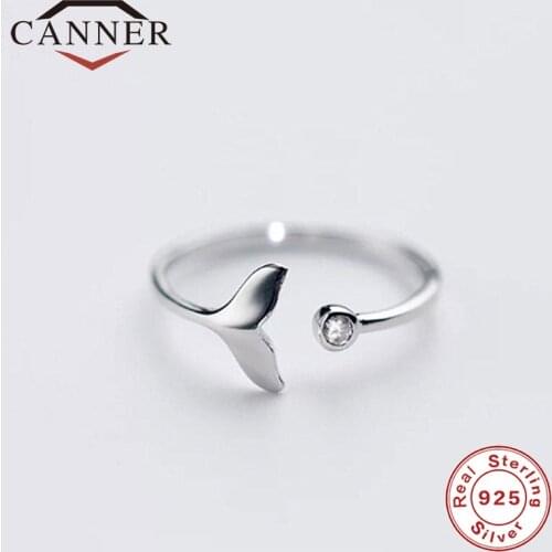 CANNER S925 Sterling Silver Adjustable Mermaid Tail Open Ring Simple Lovely Fashion Jewelry for Women Girls TW