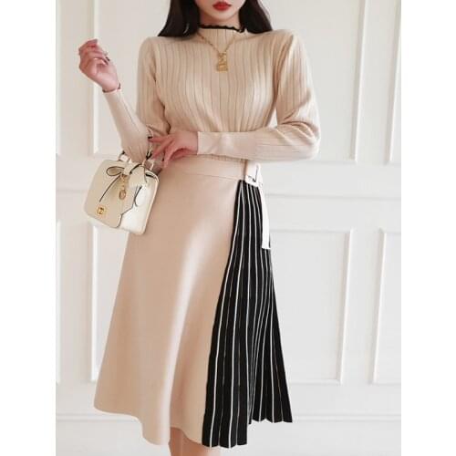 Korean Style Women High Quality Solid Knit Slim Sweater Dress 2020 Autumn Winter New Office Lady O-Neck Long Sleeve A-Line Dress