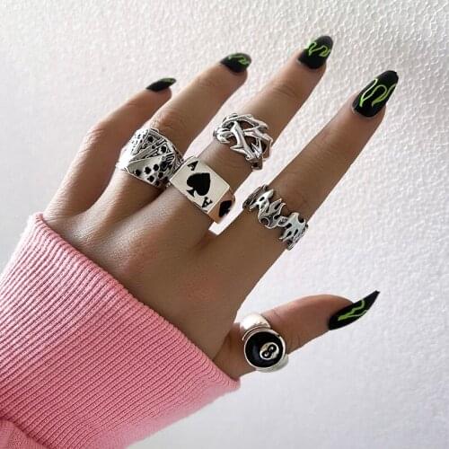 Punk Gothic Poker Ring Set for Women Vintage Spades Ace Silver Plated Retro Rhinestone Charm Billiards Rings Finger Jewelry