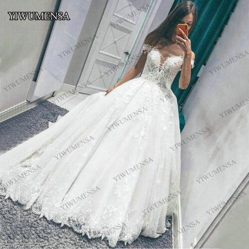 YIWUMENSA Arabian Dubai Wedding Dress White Appliqued Lace TulleA line Vestidos De Novias Off The Shoulder Bride Dresses 2020