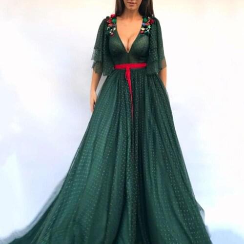 Thinyfull Emerald Green Dotted Tulle Evening Dress Half Sleeves V Neck Floor Length Prom Gowns 2020 Vestido De Festa