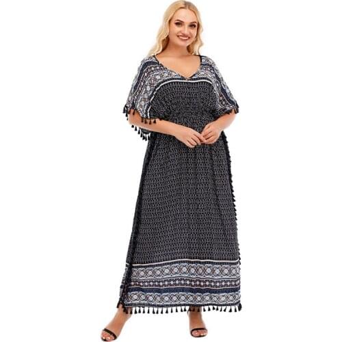 2021 Summer Women V Neck Short Sleeve Retro Printing Tassel Vintage Dress Side Split Loose Oversized Plus Size Women Clothing