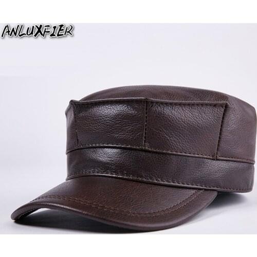 B-7202 100% Genuine Leather Hat Mens Baseball Cap Adult Winter Warm Leather Hat Adjustable Ear Peaked Cap New Year Gift