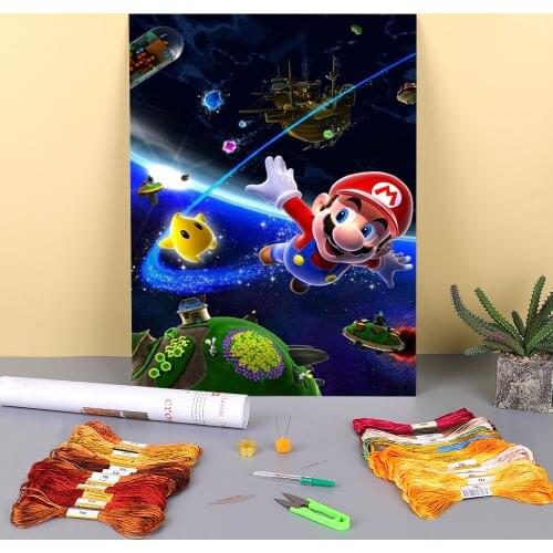 Carton Mario Printed Fabric 11CT Cross Stitch DIY Embroidery Full Kit DMC Threads Knitting Craft Hobby Painting Counted Floss
