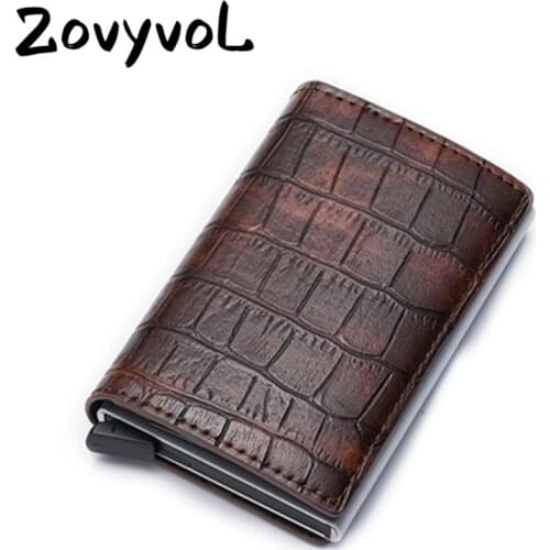 ZOVYVOL Aluminum Single Box ID Bank Credit Card Holder Leather Mini RFID Wallets for Men Women Vintage Crocodile Pattern