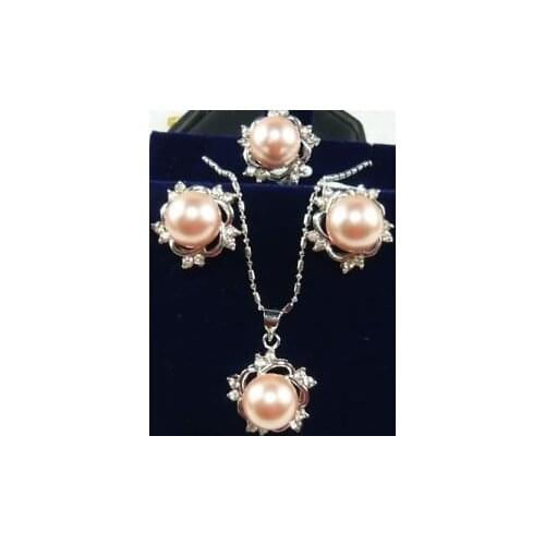 Beautiful! Pink Shell Pearl Earring Ring & Necklace Set