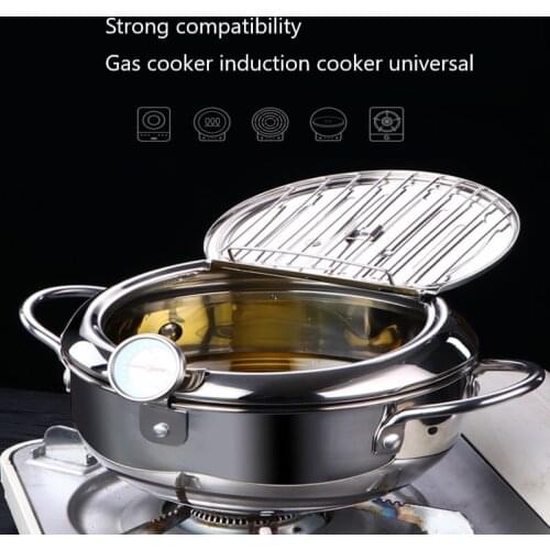 Kitchen Deep Frying Pot With Thermometre Tempura Fryer Pan Temperature Control Fried Chicken Pot Cooking Utensils Cooking Tools