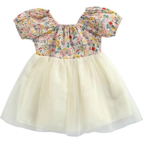 Summer Breathable Little Girls Dress Toddlers Creative Floral Printing Mesh Splicing Backless Short Sleeve Princess Skirt