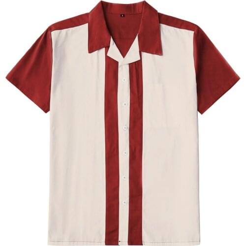 Top Selling Product In 2020 Retro Bowling Mens Clothing Cotton Maroon Beige Stitching Casual Short-sleeved Mens Shirt Shirt