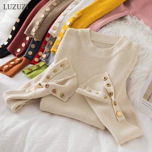 LUZUZI Fall Winter 2020 New Button O-Neck Sweater Womens Pullover Tight Style Long Sleeve Knitted Bottoming Soft Jumper Top
