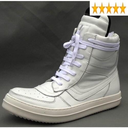 Men Lace Up Punk Luxury High Top Sneakers Genuine Leather Ankle Boots Street Style White Hip Hop Shoes Lovers Zip Flats