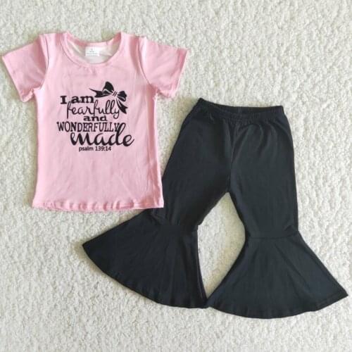Baby girls Letters print outfits short sleeves pink shirt bell bottom black pants kids clothing Sets Children boutique wholesale