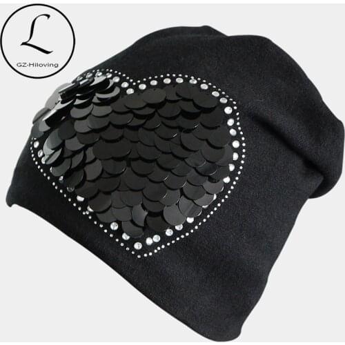 2016 New Women Winter Beanies Cotton Polyester Blended Beanie Slouch Warm Hat Rhinestone Ladies Cap Black Bonnet Hats Women Cap