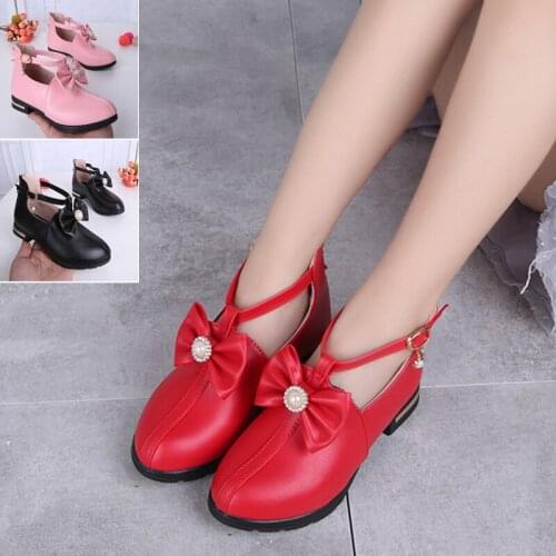 New Kids Girls Bow Children Leather Shoes For Girls School Red Black Pink Party Wedding Dance Dress Shoes Size 27-37 A839