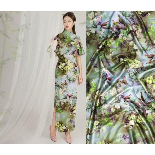 New green flowers Bird printed heave 19MM Elastic satin silk fabric Dobby Beautiful Dress coths scarf Fabric Factory Wholesale