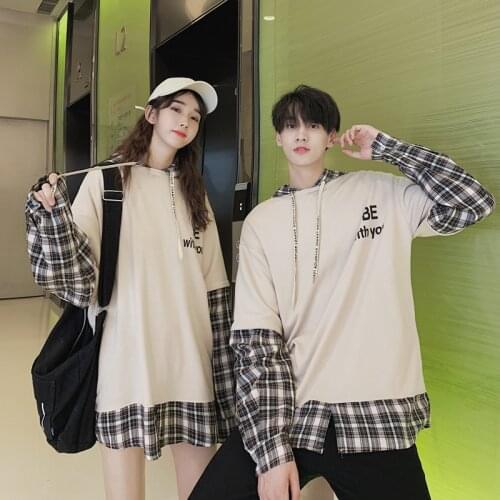 Korean Couple Matching Clothes College School Pair Lovers Women Men Loose Oversize Check Hoodie Dress Sweatshirt Outfit Wear Set