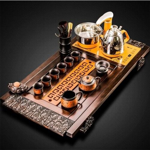 Ebony Solid Wood Tea Tray Complete Gong Fu Teaset Home Wooden Make Cha Office Elegant Reception Side Table Fully Automatic