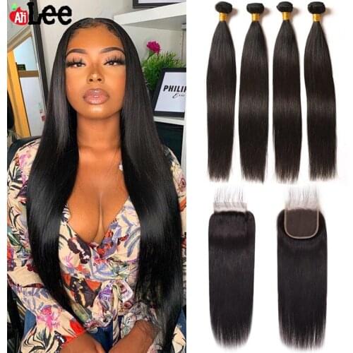 30 Inches Straight Hair Bundles With Closure Peruvian Hair Weave Bundles 100% Human Hair Extension 3 Bundles With Closure Remy