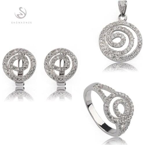 SHUNXUNZE luxury wedding jewelry sets for women (ring/earring/pendant) White Cubic Zirconia Rhodium Plated R3170set size 6 7 8 9
