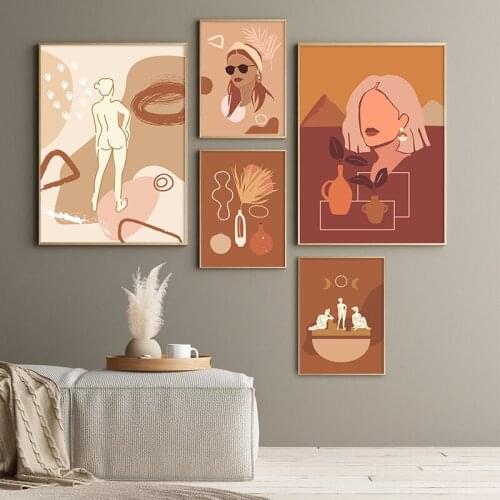 Modern Boho Terracotta Plants Canvas Painting Abstract Female Nude Body Poster and Print Wall Art Picture for Living Room Decor