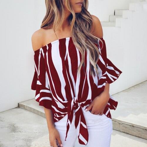 European And American Chiffon Shirt Womens Summer One Line Collar 5-Point Flared Sleeve Stripe Sleeve