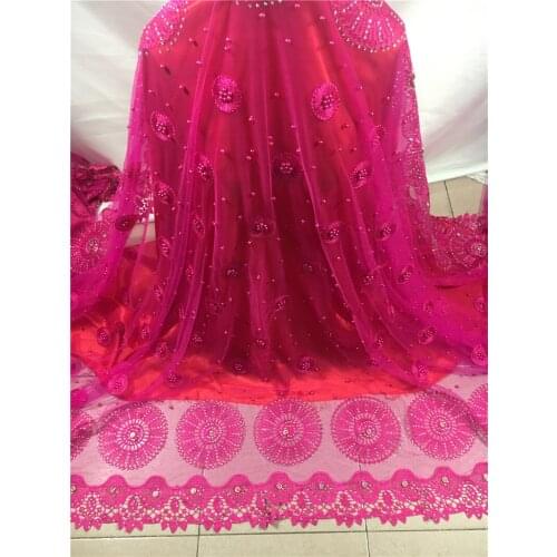 Hot pink african net lace fabric JRB-10217 Pretty embroidered tulle mesh lace fabric with beads