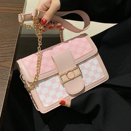 Women Pink Handbag Chian Flap Shoulder Bag Brand Designer Pu Leather Messenger Bag Lady Classic Print Small Square Crossbody Bag