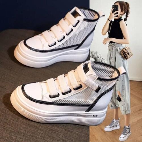 Female Height Increasing Platform Women High Top Canvas Shoes Women Classic Wedges Shoes Women Breathable Mesh Casual Shoes