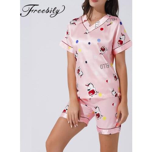 Women Cartoon Print Satin Pajamas Set Short Sleeve Shirt and Shorts PJ Set Lounge Sleepwear
