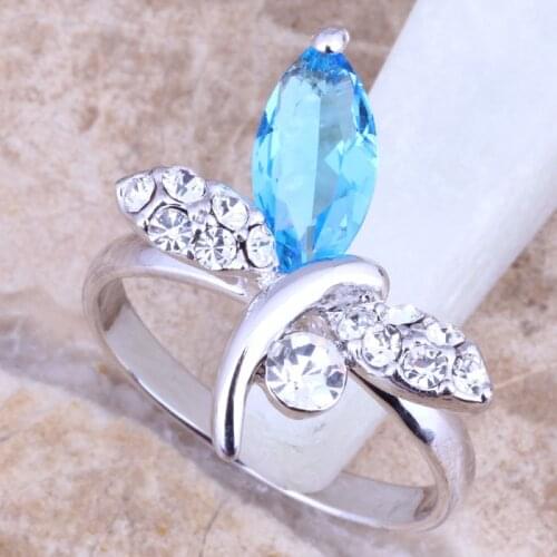 Butterfly Blue Cubic Zirconia White CZ Silver Plated Womens Jewelry Ring Size 5 / 6 / 7 / 8 / 9 R1423