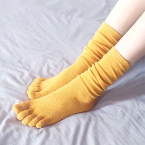 1Pair Knit Cotton Five-finger Socks Women High Tube Toe Socks Solid Color Autumn Winter Female Girls Floor Toe Socks