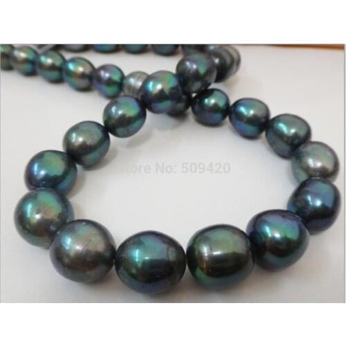 17"6-12MM NATURAL TAHITIAN GENUINE BLACK PEACOCK GREEN OVAL PEARL NECKLACE