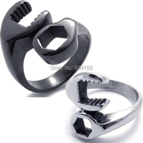 2014 Fashion jewelry Titanium Stainless steel Casting Silver/Black Classic Mens Wrench Ring FREE SHIPPING US 8-14