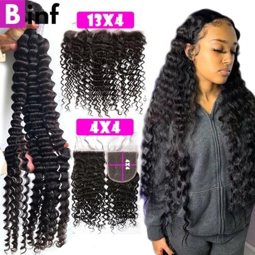 30 32 34 36 38 40 Inch Deep wave Bundles with Closure 4x4 Lace Closure with Baby Hair Bundles with Frontal Brazilian Remy Hair