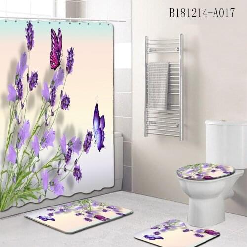 2020New 4pcs Bathroom Shower Curtain Flower Print Durable Non-Slip Bath Rug Set Waterproof Set Bathroom Toilet Mat Curtain Cover