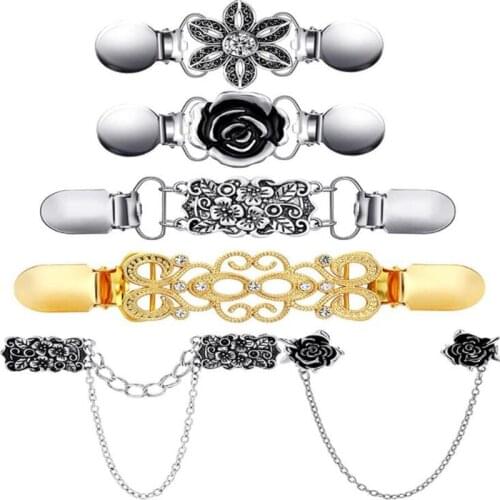 6pcs/set Duckbill Buckle Shawl Cardigan Clip Brooch Antique Alloy Rhinestone Engraved Flowers Brooch Pins Clothing Decoration