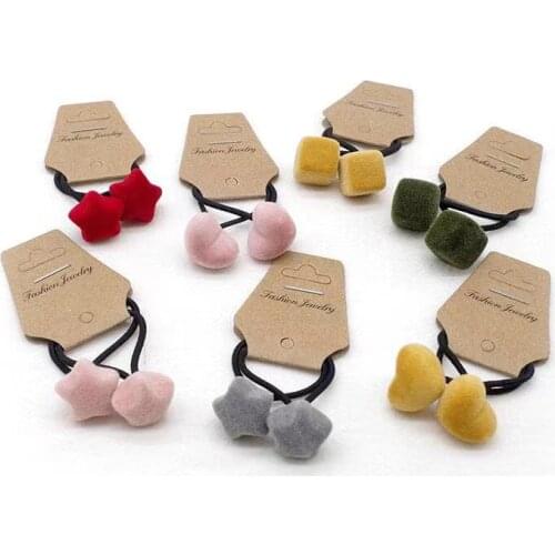 2pcs Velvet Heart/Star/Square Button Elastic Hair Bands Rubber Hair Rope Tie Girls Hair Scrunchie Ponytail Holder Hair Accessori