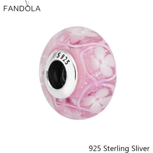 CKK 925 Sterling Silver Pink Field of Flowers Murano Glass Beads Original Charms Fits For Bracelets Jewelry