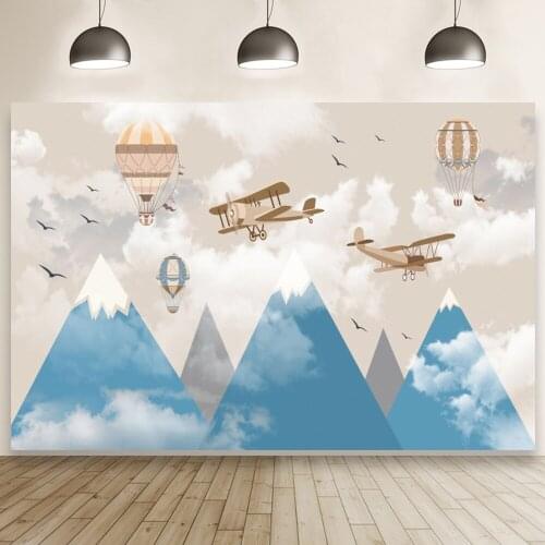 Blue Theme Backdrop Snow Mountains Vintage Airplanes Hot Air Balloon Decor Kids Birthday Party Photo Background Studio Banner