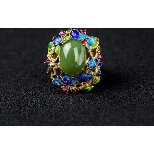 925 silver ring cloisonne craft enamel butterfly flower inlaid natural stone silver ring