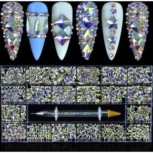Crystals Rhinestones Mixed AB Glass Diamond With 1 Pick Up Pen 21Grid Flat Back Nail Diamond Nail Art Rhinestone For Clothes