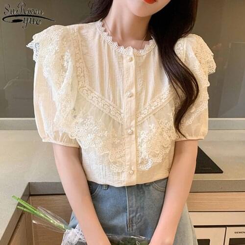Summer New 2021 Womens Short Sleeve Blouse Round Neck Solid Color Shirt Lace Shirt Joker Embroidered Womens Shirt Blusas 13808