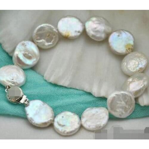 New hot Attractive 8"15mm coin white freshwater pearl bracelet