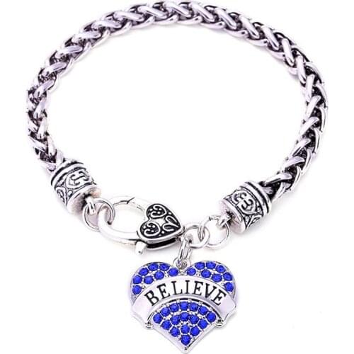 Mothers Day Gift for Believe Bracelet Engraved Lobster Claw Clear Crystal Pave Heart Charm Bracelet