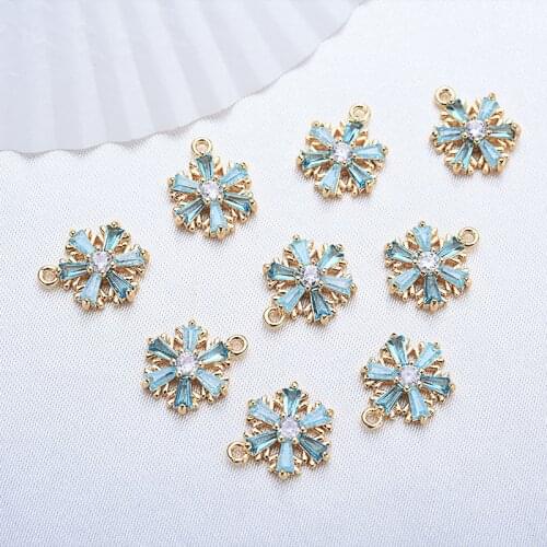 2 PCs Copper Charms Gold Color Setting Christmas Snowflake Pendant For Necklace Earrings Making Blue Cubic Zirconia 13mm x 10mm