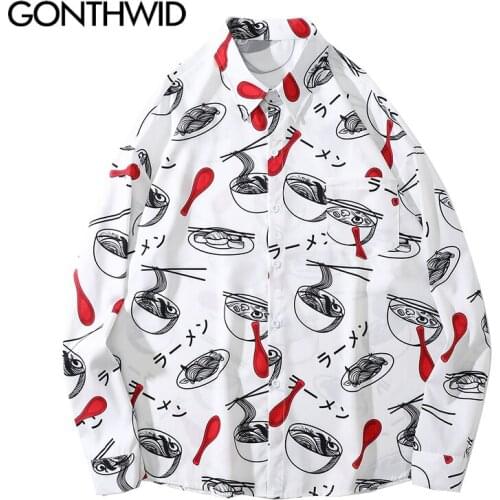 GONTHWID Hip Hop Shirts Harajuku Japanese Ramen Print Long Sleeve Shirt Streetwear Fashion Loose Coats Mens Casual Button Tops