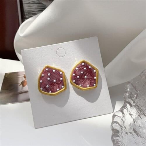 Vintage Pearl Inlaid Irregular Graffiti Oil Painting Hexagon Drop Earrings Korean Pendent Earrings for Women Girls Ear Jewelry