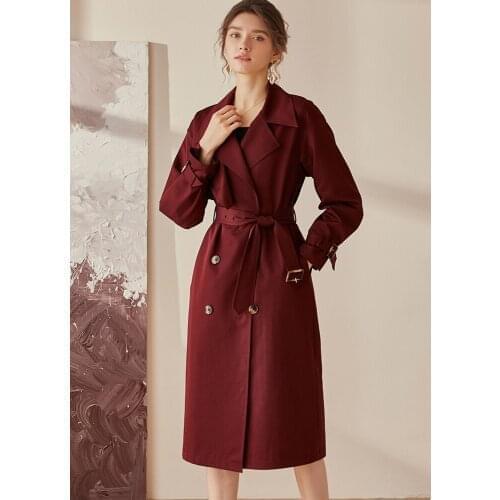 Loose British windbreaker womens new dress new leisure simple wine red medium length coat